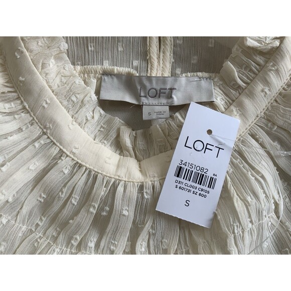Loft Ruffle Lace Standing Collar Clip Smocked Yoke Blouse Cream Size Small NWT - Picture 10 of 13